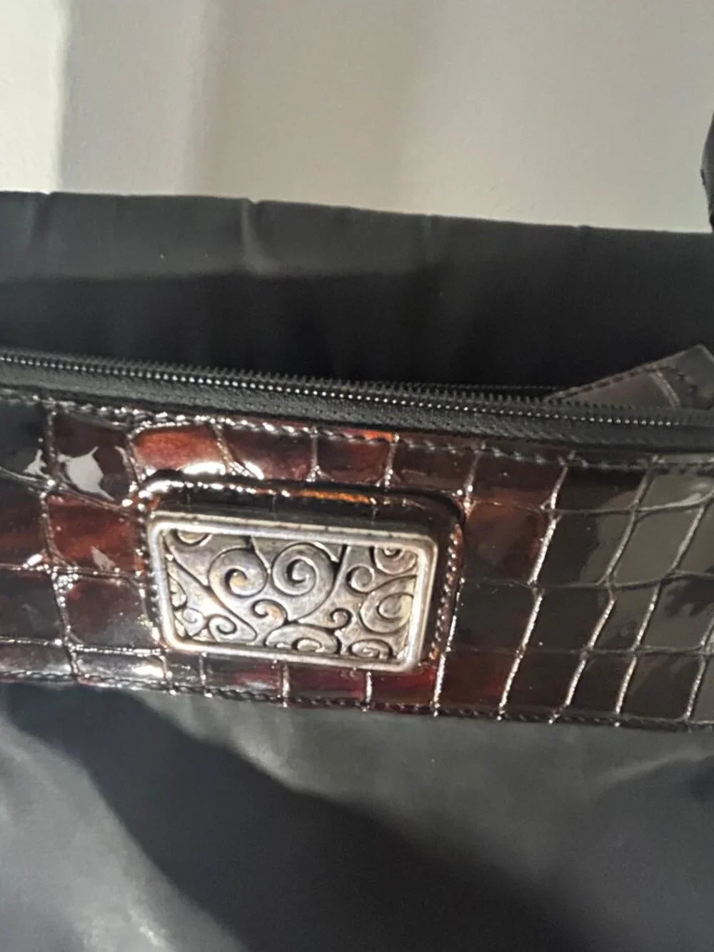 Y2K Brighton Black Nylon Crossbody Bag Brown Croc Embossed Trim Heart Charm - Picture 3 of 15